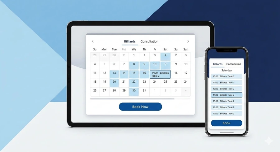 Interfejs modułu rezerwacji: wybór usług, kalendarz z wolnymi interwałami i przycisk błyskawicznego potwierdzenia zapisu