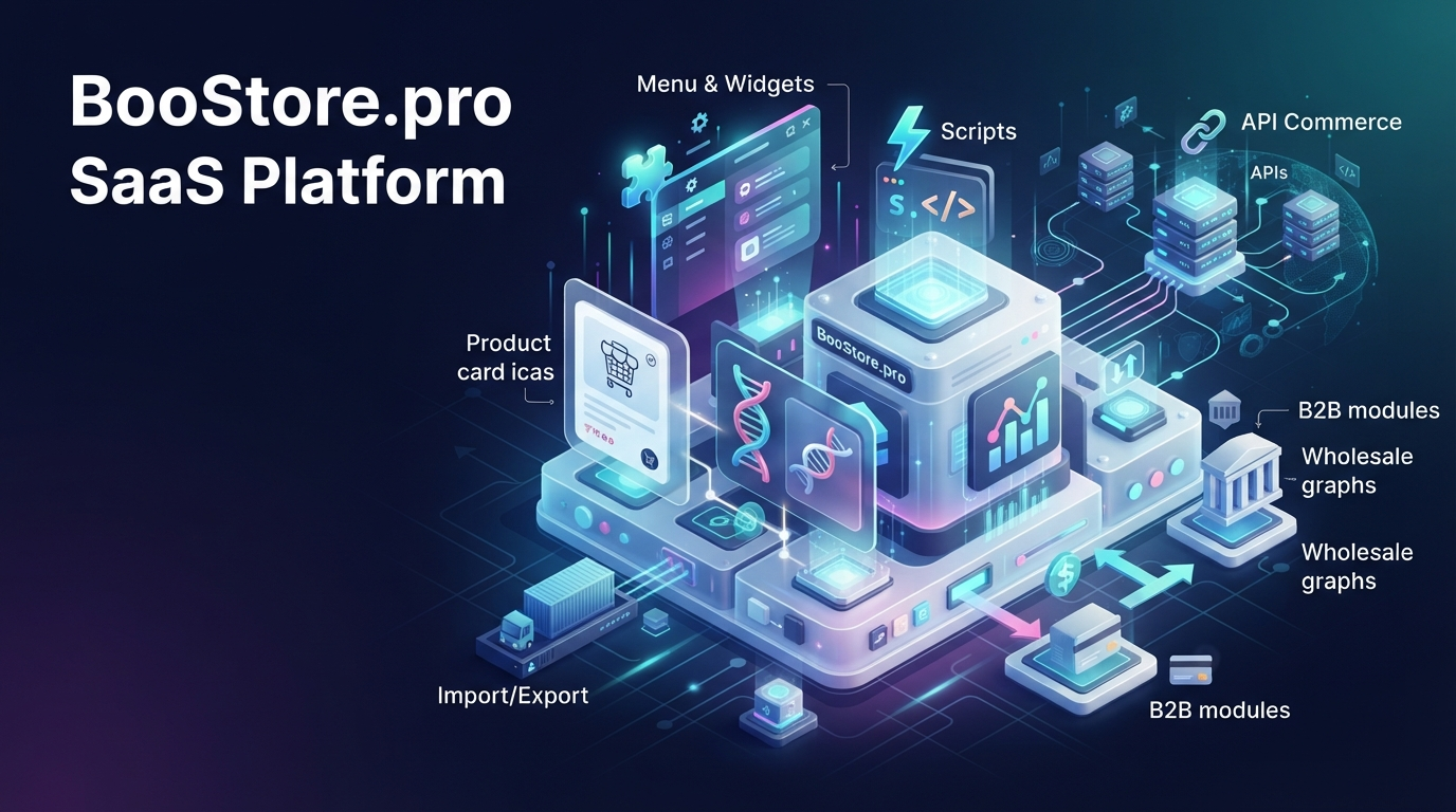 Полный функционал SaaS-платформы BooStore.pro: карточка товара, разновидности, B2B, оплата, доставка, импорт/экспорт, SEO, API, меню, редактор дизайна