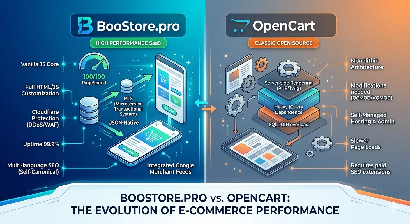Comparison of BooStore.pro and OpenCart infrastructure: PageSpeed indicators, Vanilla JS architecture, and built-in advertising feeds